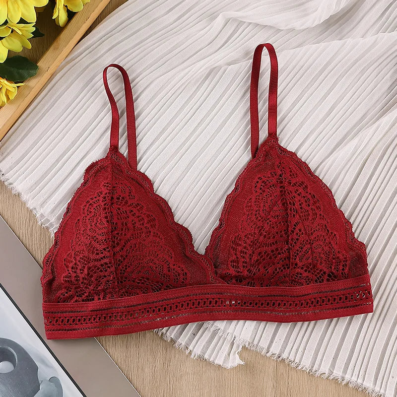 Women Bralette Sexy Lingerie French Style Lace Bra Triangle Cup Brassiere V-neck Solid Color Adjustable Underwear Padded Bra