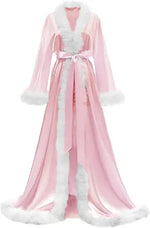 Women's Satin Robe Fur Nightgown Bathrobe Sleepwear Feather Bridal Robe with Belt