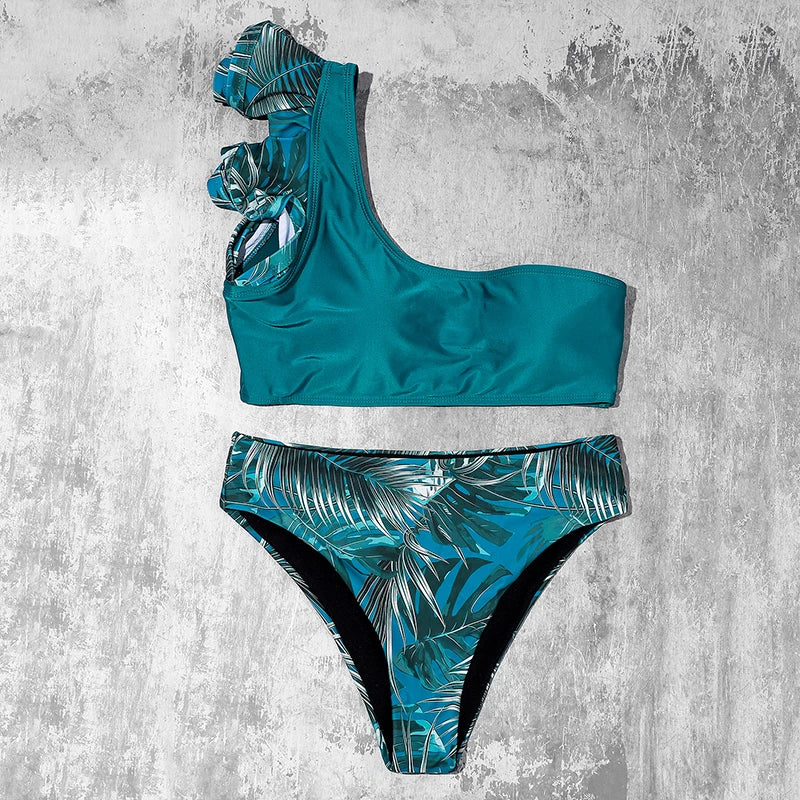 ZTVitality Ruffles One Shoulder Sexy Bikinis 2025 New Arrival Padded Leaves Swimsuit High Waist Swimwear Women Brazilian Bikini