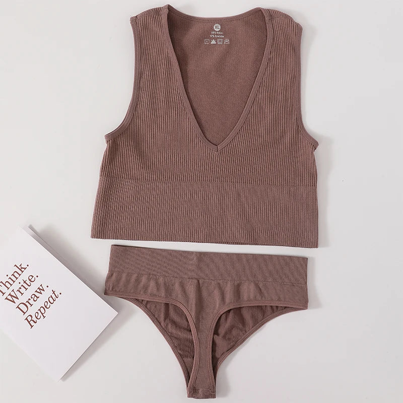 Sexy Women Bra Set Seamless Underwear High Waist Thongs Fashion Bralette Ribbed Tops Brassiere Basic Crop Top Female Lingerie