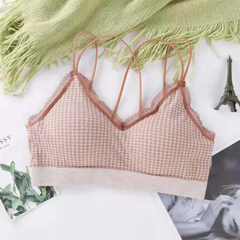 Gingham Lace Cross-Back Bralette Wireless Wrap Bra Sexy Lingerie Stretchy Beauty Cross Back Underwear Plaid Lace Trim Tube Bra
