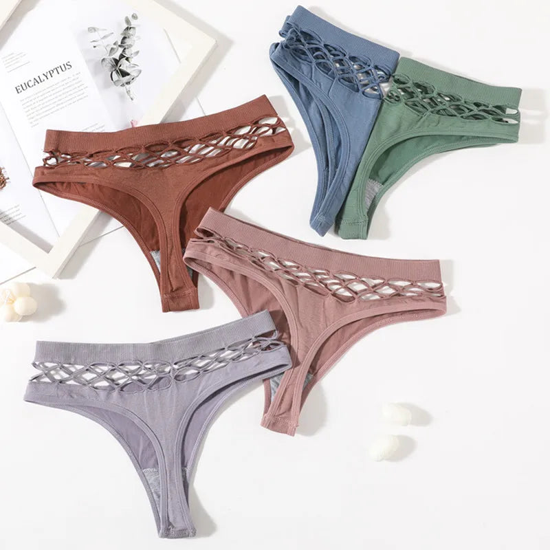 2Pcs/Set Seamless Thongs Panties Women High Rise Underwear Sexy Lingerie Bottoms Female Underpants Hollow G-String Pantys M-L