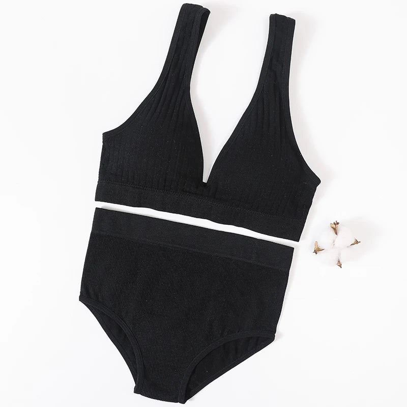 Women's Seamless Bra Panties Set Female Wirefree Brassiere Top Sports Underwear High Waist Briefs V Neck Sexy Lingerie Set