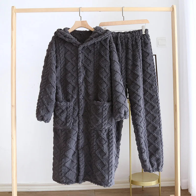 Winter Couple Flannel Pajamas Set Long Thickened Suit with Long-Sleeved Hooded Tops And Pants for Men /Women Home Comfort Wear