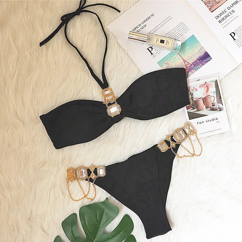 Halter Rhinestone Diamond Bikini Women Swimsuit Female Bikinis Metal Chain Swimwear Two Pieces Bikini Set Bathing Suit Swim Lady