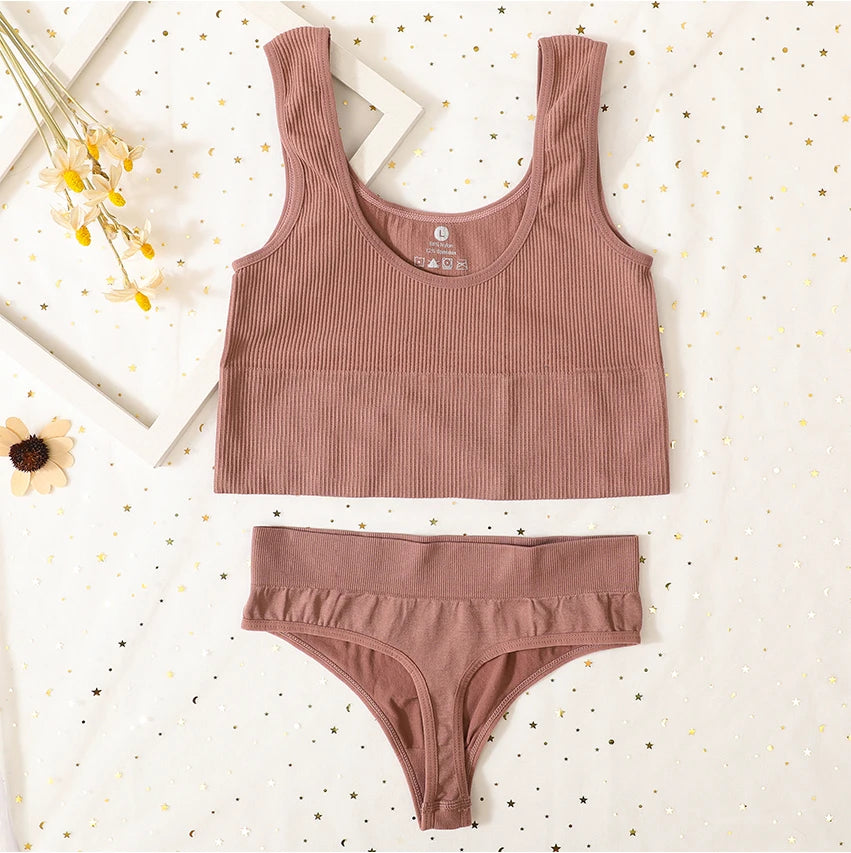 Seamless Women Lingerie Set Rib Bralette Sports Crop Top High Waist Briefs Panties Light Support Bra Sexy Underwear Set