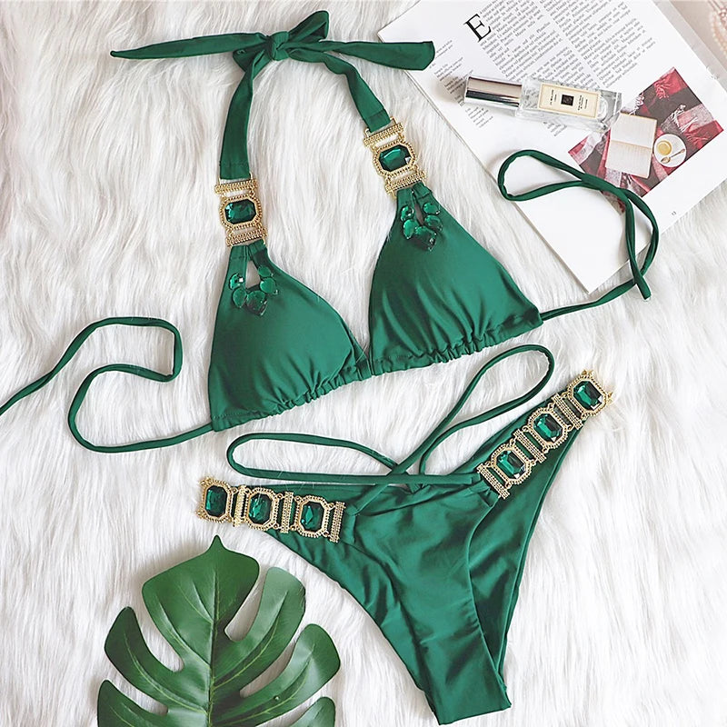 Halter Jewelled Diamond Bikini Women Swimsuit Female Triangle Swimwear Two piece Bikini set Brazilian Bather Bathing Suit Swim