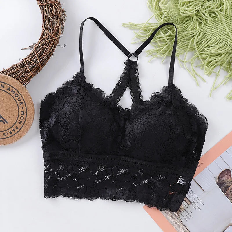 Cross Back Lace Bra Top Women Bralette Crop Top Sexy Lingerie Wireless Underwear Women Solid Color Bra Tops Padded Camisole