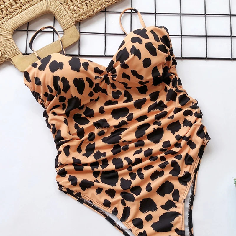 Push Up Bra Cup Leopard Scrunched Women Bandeau Swimwear One Piece Swimsuit Female Monokini High Cut Bathing Suit Swim Bodysuit