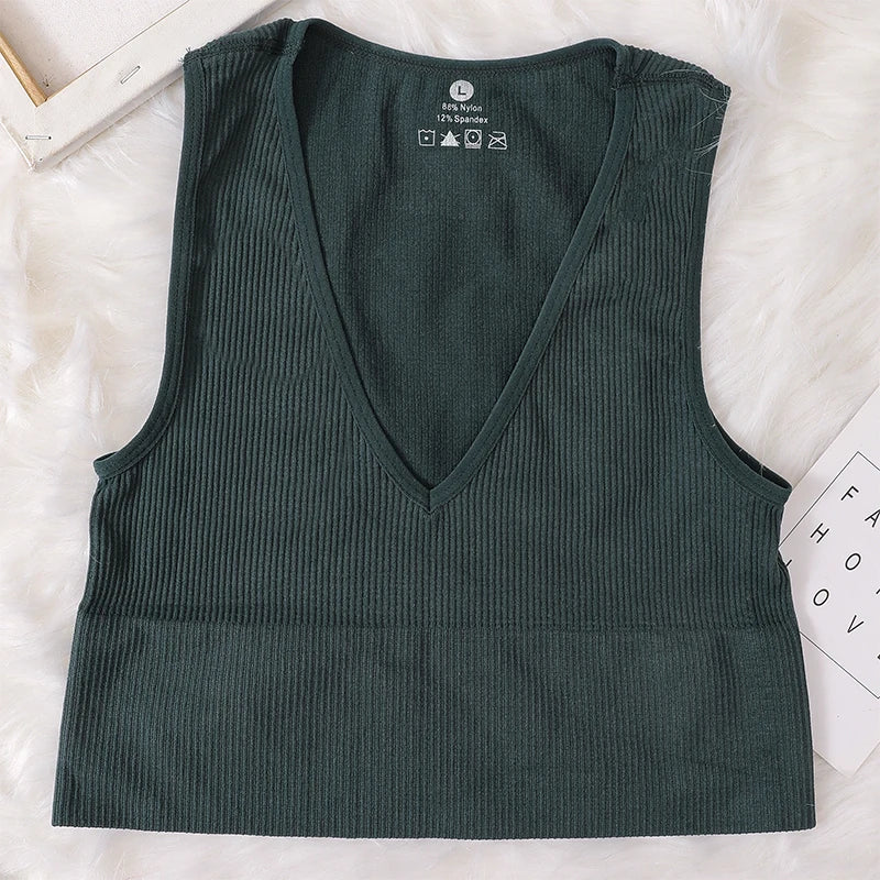 Summer Crop Top Women V-Neck Tanks Sexy Lingerie Sleeveless Short Tee Rib Fitness Underwear Sport Seamless Bra Tops Camisole