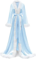 Women's Satin Robe Fur Nightgown Bathrobe Sleepwear Feather Bridal Robe with Belt