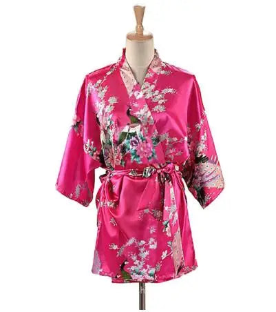 Lace Up Woman Peacock Print Japanese Kimono Yukata Silk Satin Short Style Sleepwear Home Nightgown Bath Robe Costume