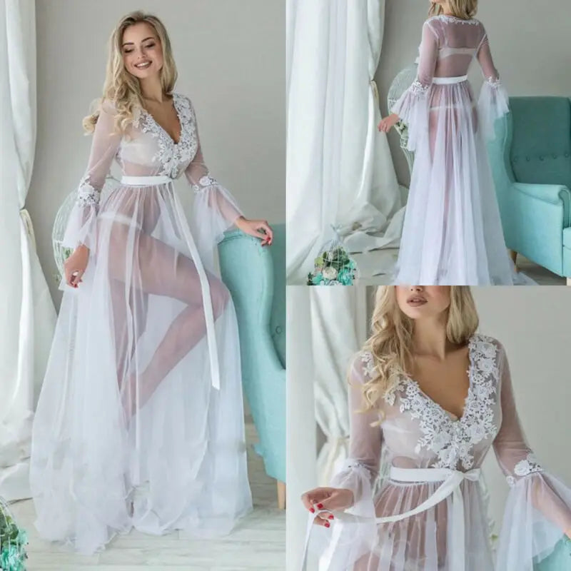 Fashion Sexy Women SolidMesh Lace V neck Sleepwear Babydoll See Through Ladies Floral Nightwear Robes