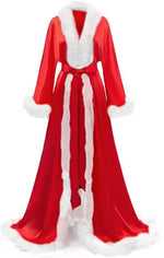 Women's Satin Robe Fur Nightgown Bathrobe Sleepwear Feather Bridal Robe with Belt