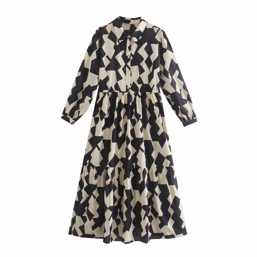 Foridol Geometric Print Black Shirt Dress Casual Elegant Autumn Winter Women's New Dress Vestidos Robe Femme Long Sleeve Dress