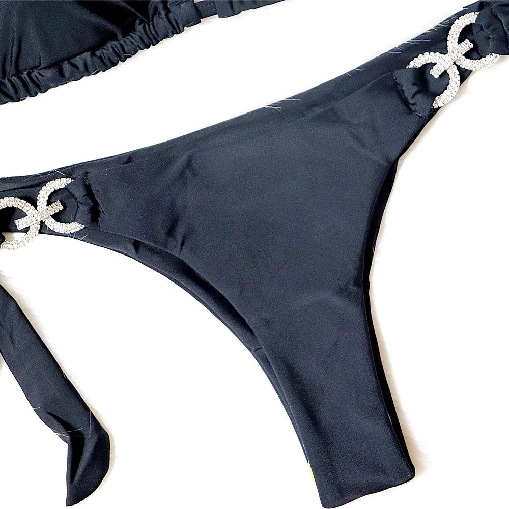 Luxury Rhinestones Bikin 2026 New Women Solid Red Blue Bandage Cross Diamond Thong Swinsuit Beach Bathing Suit Swimwear Biquini