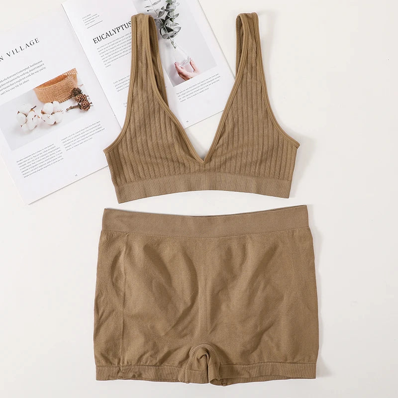 Women Seamless Bra And Panties Set Female Sport V-neck Unlined Bra High Rise Shorts Stretchy Underwear Sexy Lingerie Set