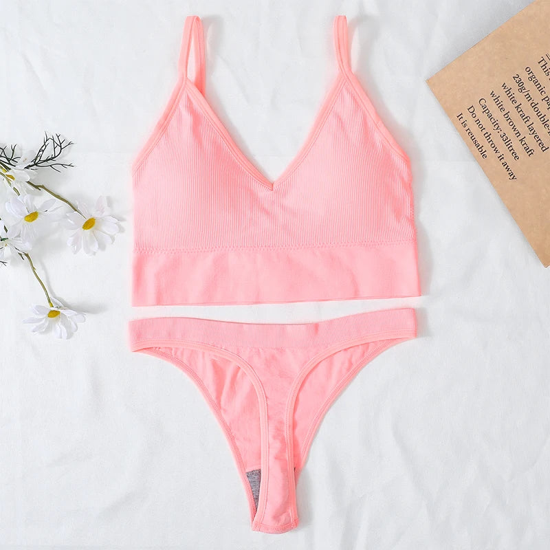 Women Bra And Panties Set U Back Bra Seamless Underwear Sport Cropped Top Low Waist Thongs Sexy Lingerie Set Fitness Crop Top