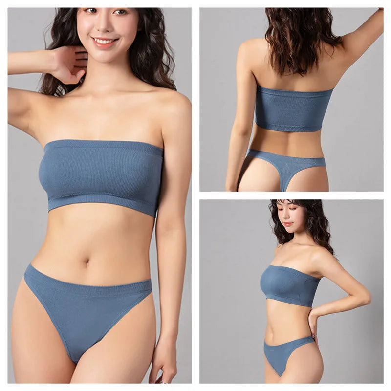 Women Strapless Bra And Panties Set Seamless Anti-Slip Tube Bra Sexy Underwear Brazilian Panties Ribbed Bandeau Lingerie Set