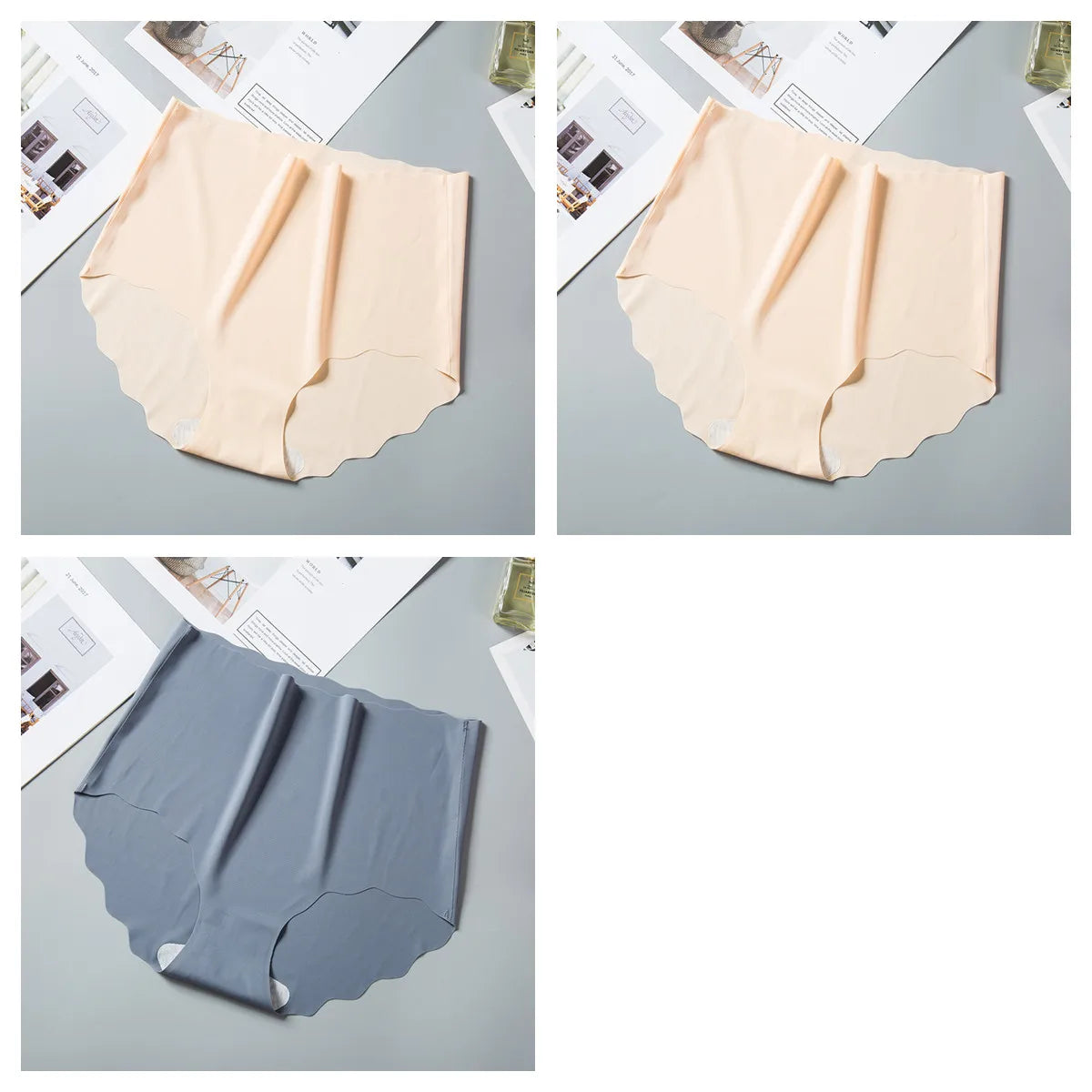 3Pcs/Set Women Ice Silk Panties Wavy Trim Seamless Underwear High Waist Panty No Show Briefs Invisible Ladies Lingerie M-XXL