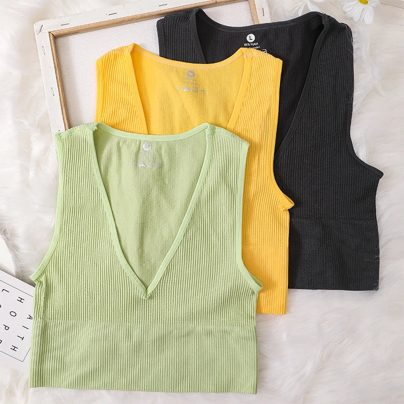 Women Crop Top Sexy Seamless Underwear Female Fitness Sleeveless Camisole Plunge Bralette Sports Cropped Tops Lingerie