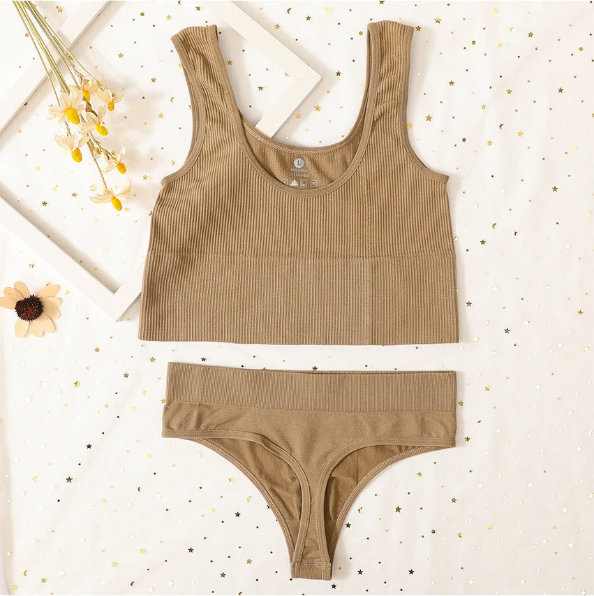 Seamless Women Lingerie Set Rib Bralette Sports Crop Top High Waist Briefs Panties Light Support Bra Sexy Underwear Set