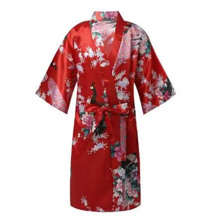 Girls Satin Kimono Robe Kids Sleepwear Peacock Flower Printed Children Bathrobe Nightgown Robe For Spa Party Wedding Birthday
