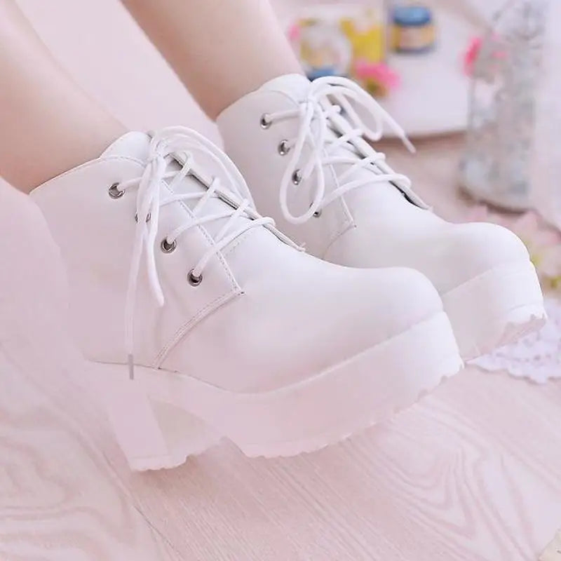 g4 Women's Single Boots New Horse Boots Square Heel Round Toe Spring High Heel Boots Lace-Up Plus Size 35-45