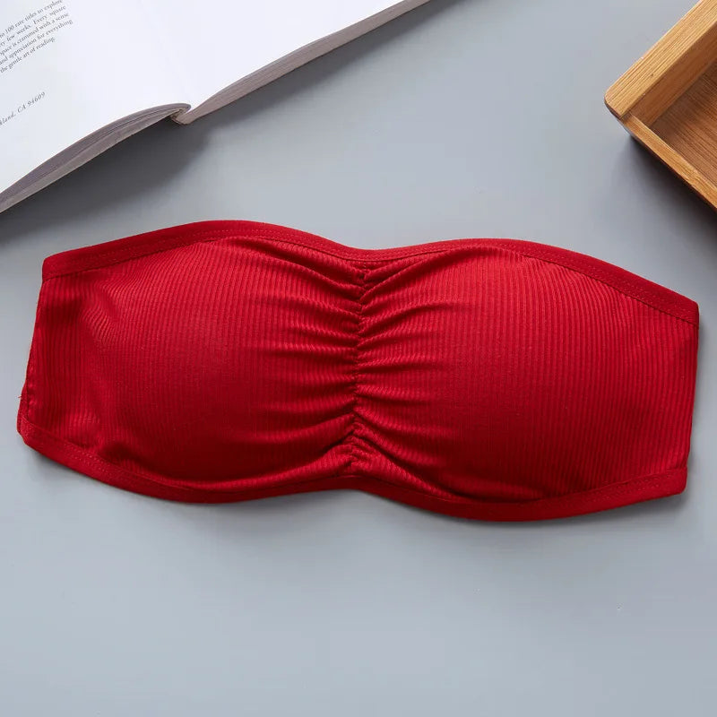 Women Ribbed Strapless Bandeau Bra Anti-Slip Ruched Tube Top Bra Removable Breathable Pads Adjustable Back Hooks One Size