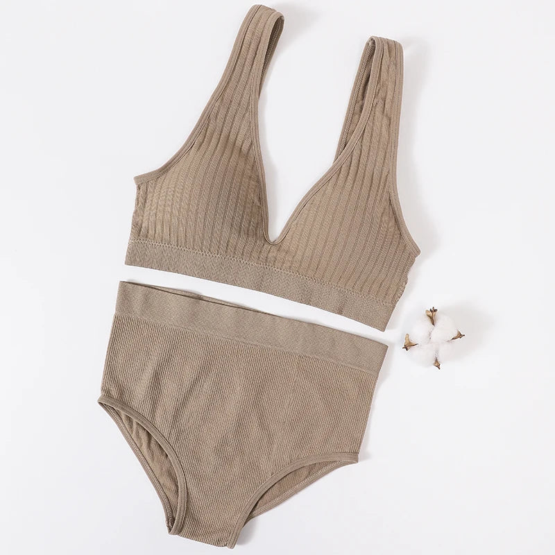 Women's Seamless Bra Panties Set Female Wirefree Brassiere Top Sports Underwear High Waist Briefs V Neck Sexy Lingerie Set