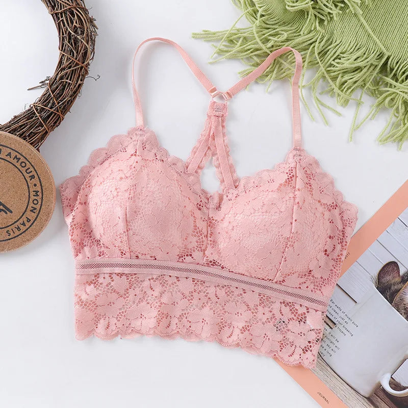 Cross Back Lace Bra Top Women Bralette Crop Top Sexy Lingerie Wireless Underwear Women Solid Color Bra Tops Padded Camisole