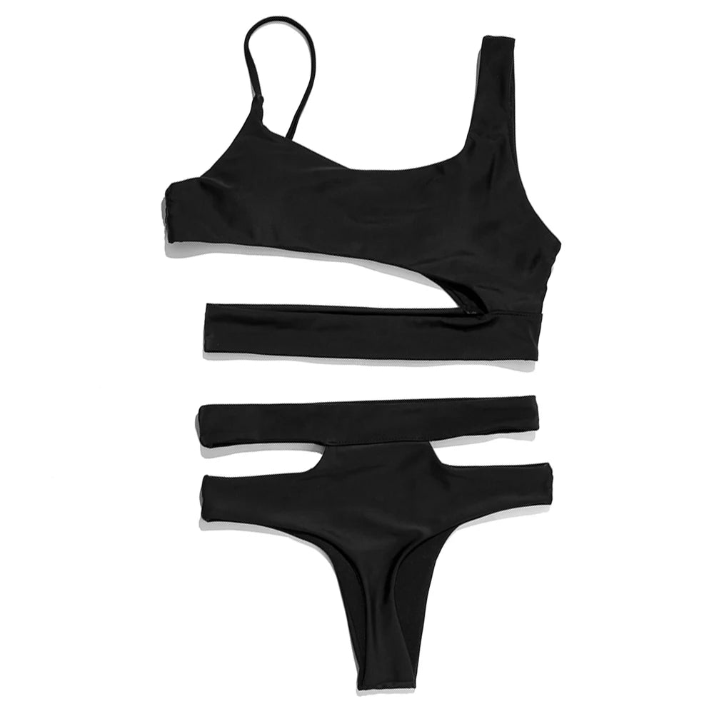 ZTVitality Solid Sexy Bikinis High Waist Bikini 2021 Hot Sale Asymmetry Straps Hollow Out Swimsuit Female Swimwear Women Biquini