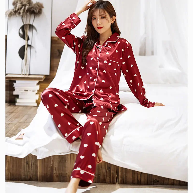 Lovers Print Dot Pajamas Set Couples Satin Pijamas Sleepwear Men&Women Causal Pyjamas Nightwear Plus Size 3XL 4XL Home Longewear