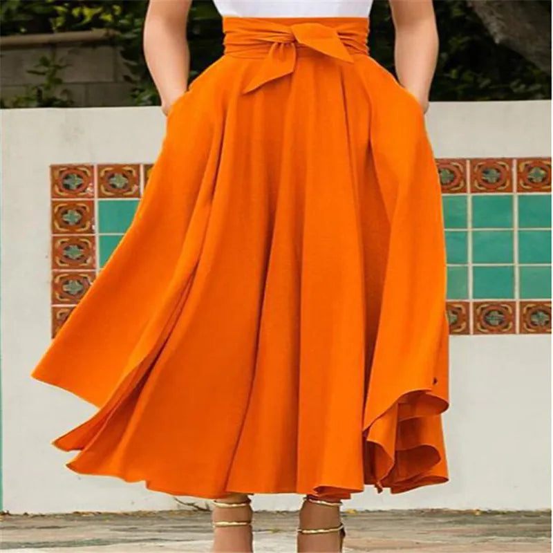 Fashion Women's Ladies Solid Color Bandage Pleated Cocktail Party High WaistSummer A Line Skirts With Pocket