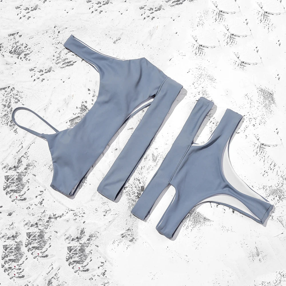 ZTVitality Solid Sexy Bikinis High Waist Bikini 2021 Hot Sale Asymmetry Straps Hollow Out Swimsuit Female Swimwear Women Biquini
