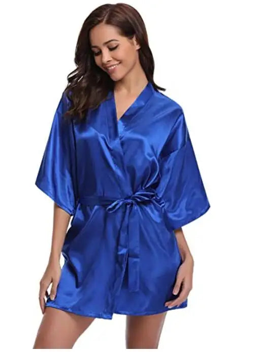 New Silk Kimono Robe Bathrobe Women Silk Bridesmaid Robes Sexy Navy Blue Robes Satin Robe Ladies Dressing Gowns