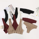 Women Seamless Bra And Panties Set Sexy Ribbed Bra Top Low Waist Thongs Wire-free Brassiere No Pads Comfort Intimates M-XL