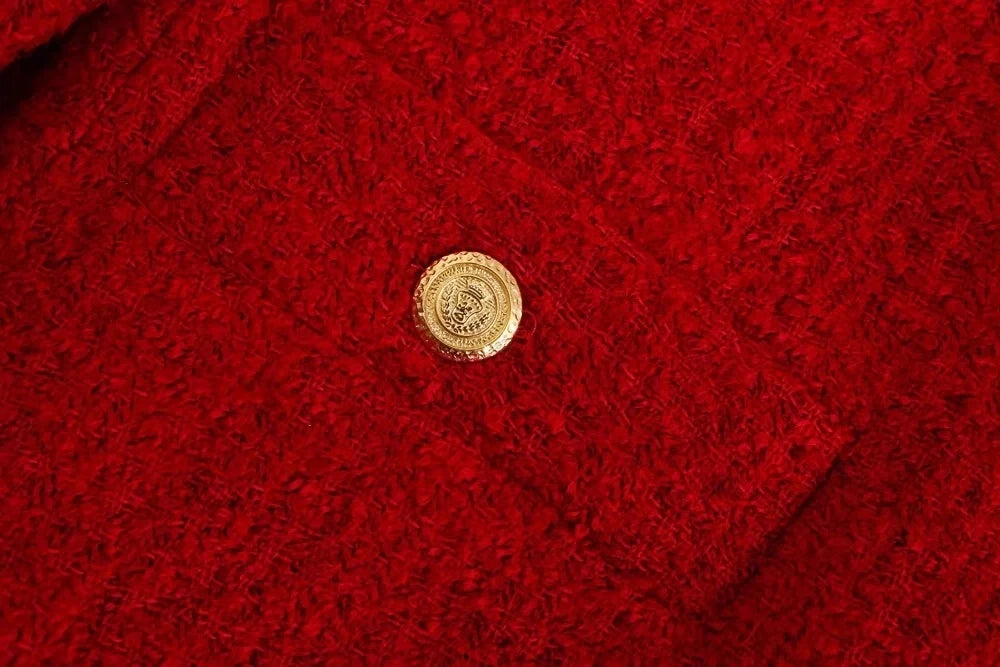 Foridol Double Breasted O Neck Short Blazer Skirt Sets Two Pieces Office Ladies Red Winter Thick Cozy Suits Elegant Blazer Top