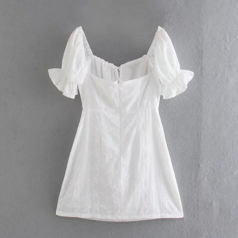 Foridol White Lace Summer Dress for Women Flower Embriodery Cotton Mini Dress Puff Sleeve Lace Up Ruffles Short Beach Dress
