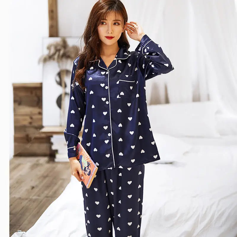 Lovers Print Dot Pajamas Set Couples Satin Pijamas Sleepwear Men&Women Causal Pyjamas Nightwear Plus Size 3XL 4XL Home Longewear