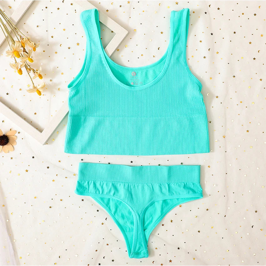 Seamless Women Lingerie Set Rib Bralette Sports Crop Top High Waist Briefs Panties Light Support Bra Sexy Underwear Set