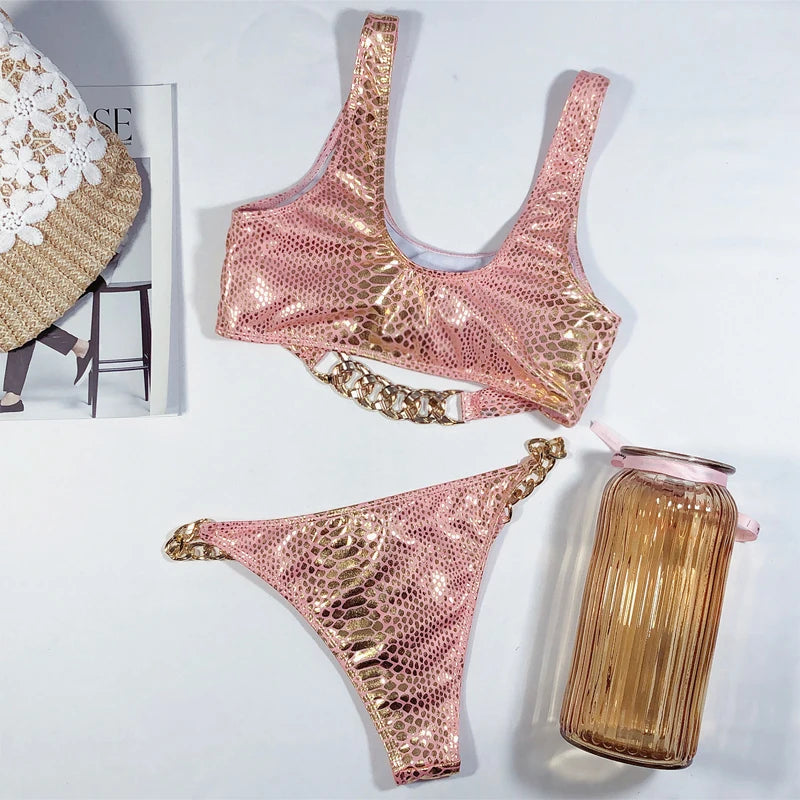 High Cut Metal Chains Bikini Women Swimsuit Female Swimwear Two Pieces Bikini Set Snake Skin Bather Bathing Suit Swim Beach Wear