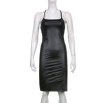 Women Sexy Suspender Mid-length Bodycon Dress Fashion Solid Color Leather Bandage Backless Skinny Split Dress For Female Mujer