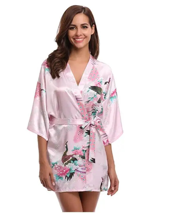 Silk Satin Wedding Bride Bridesmaid Robe Floral Bathrobe Short Kimono Robe Night Robe Bath Robe Fashion Dressing Gown For Women