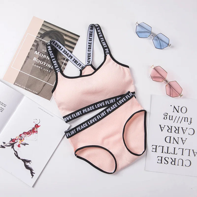 Soft Stripe Cotton Women's Underwear Set Sexy Beauty Back Tops Letter Print Shoulder strap Bralette With Panties 2-pieces Suit