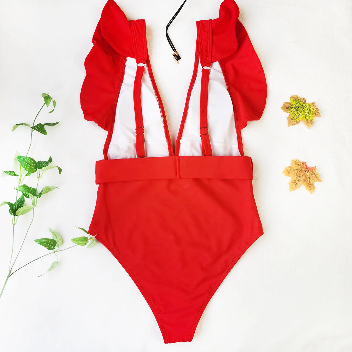 Sexy One Piece Swimsuit 2025 White Deep-V Neck Swimwear Women Black Beach High Cut Ruffles Monokini Buckle Bathing Suit Bodysuit