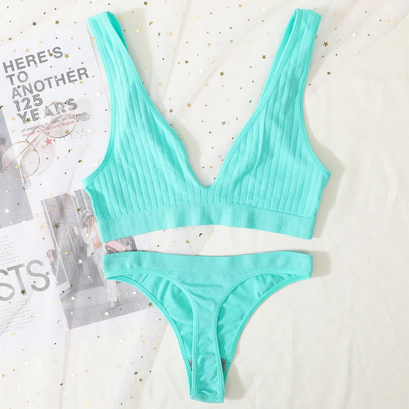 Women Seamless Bra And Panties Set Sexy Ribbed Bra Top Low Waist Thongs Wire-free Brassiere No Pads Comfort Intimates M-XL