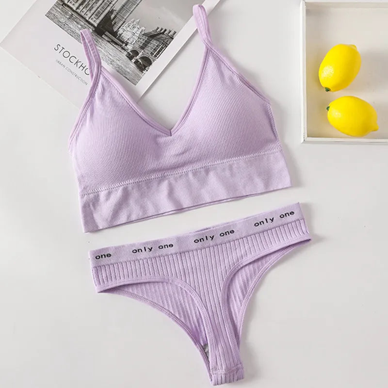 Women Seamless Bra Panties Set Sexy Thongs Sports Bra Crop Top Female Sexy Lingerie Set Fitness Stretchy Underwear Set