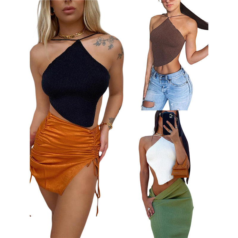 Summer Ladies Sexy Backless Chest Wrap Women Solid Color Hanging Neck Lace-Up Sleeveless Knitted Camisole Irregular Hem Top