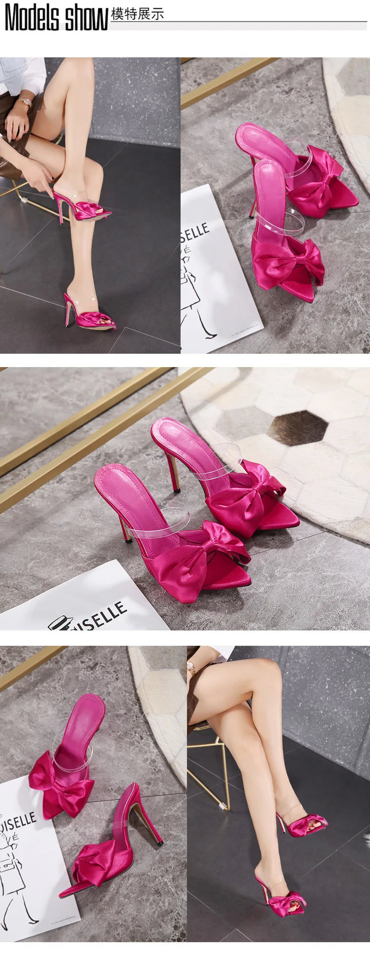 2025 Silk Butterfly Knot Women PVC Slippers Mule 11cm High Heels Slippers Luxury Sandals Pointed Toe Strappy Slides Party Shoes